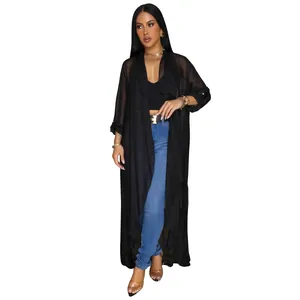 Full length view of a black sheer chiffon long cardigan for a stylish casual look