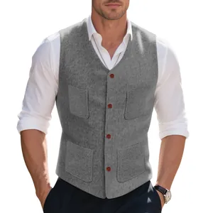 Chaleco de Negocios Casual para Hombre Estilo Británico Ajuste Entallado Textura de Lana Botonadura Sencilla Cuello en V para Oficina