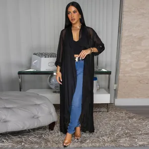 Elegant long black chiffon cardigan for women, casual sheer beach cover-up jacket