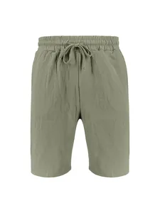 Detailed view of men's sage green summer linen blend drawstring waist casual shorts