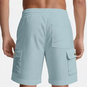 Rear view of men's loose light blue corduroy cargo shorts with back pockets.