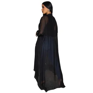 Full-length back view of elegant long black sheer chiffon cardigan for women sun protection