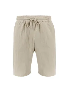 Detailed view of men's casual linen shorts featuring a functional drawstring elastic waist