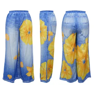 Detailed three-view display of women's floral print wide-leg pants with denim-look texture