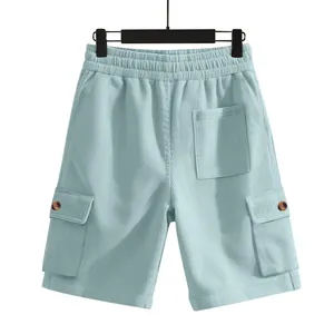 Men's loose casual corduroy cargo shorts in light blue with elastic waist