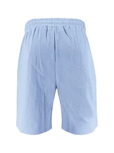Detailed back view of light blue men's casual linen shorts featuring elastic waist