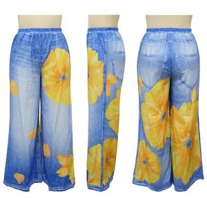 Detailed three-angle full view of women's wide-leg trousers featuring yellow floral print