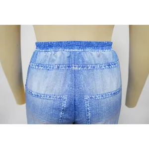 Detailed back view of women's blue denim-print wide-leg casual pants with elastic waist.