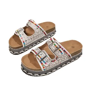 Bohemian platform sandals with colorful beads, rhinestones, and double buckles on cork sole