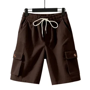Men's heavyweight corduroy cargo shorts in dark brown with drawstring elastic waist