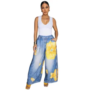 Detailed full-body look at casual wide-leg pants featuring a vibrant yellow floral print