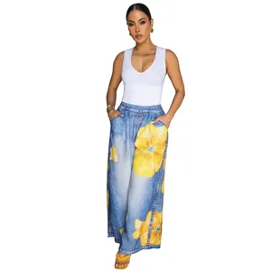Casual womens floral print wide leg pants with denim texture and white ribbed tank top
