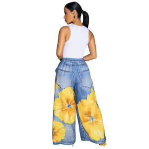 Back view of women's casual wide-leg pants with large yellow floral print detail