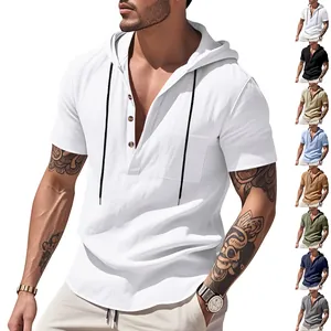 Chemise Henley décontractée en lin à capuche pour hommes, manches courtes et poche été