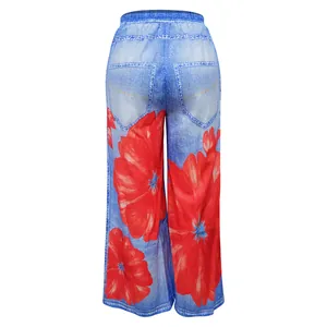 Detailed back view of casual high-waisted wide-leg trousers with large red floral prints
