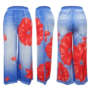 Floral print wide-leg pants with faux denim texture, front side back views detail