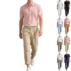 Herren Sommer Business Casual Set bestehend aus Kurzarm Polo Shirt und Leinenhose