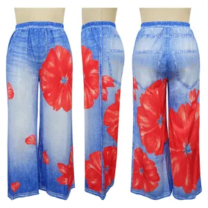 Floral print wide leg casual pants with denim texture and elastic high waist design