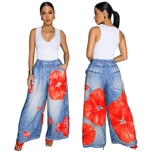High-quality front and back view of casual wide-leg pants with vibrant red flower print details