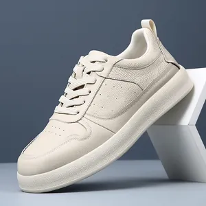 Baskets pour hommes en cuir crème de qualité avec semelle souple antidérapante