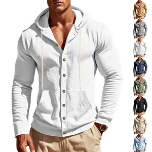 Camisa informal de manga larga con capucha para hombre con botones y bolsillos de parche