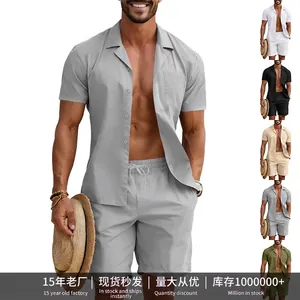 Herren Sommer Casual Hemd Und Shorts Outfit Amerikanischen Stil Lose Kurzarm Knopf Hemd Kordelzug Shorts Top And Bottom