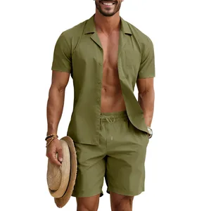Herren Sommer Casual Set in Olivgrün, Kurzarmhemd und Shorts für den perfekten Urlaub