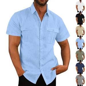 Men's short sleeve linen shirt in various colors featuring classic lapel and double pockets