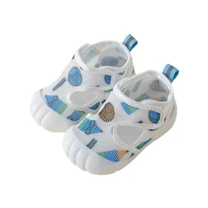 Breathable white mesh baby toddler sandals with anti-slip soft rubber sole and cartoon print