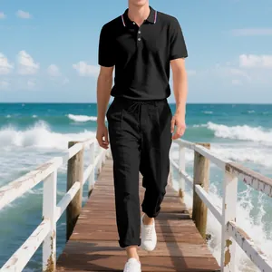 Minimalistisches schwarzes Herren-Poloshirt und Leinenhose mit Kordelzug für den Sommer