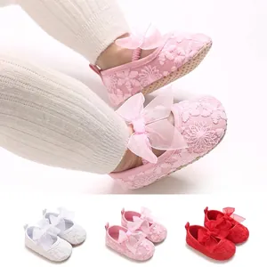 Cute Baby Girl Pre-walker Shoes With Large Bow Lace Embroidery Cotton Soft Sole Anti-slip Infant First Walkers For Baptism Party