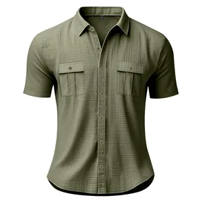 Detail view of olive green men's linen short sleeve shirt with chest pockets and texture