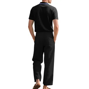 Rückansicht von Herren-Polohemd und Leinenhose Business-Casual-Sommerset in Schwarz