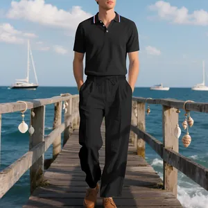 Herren Polo-Shirt und Leinenhose Set in Schwarz für sommerliche Freizeitaktivitäten
