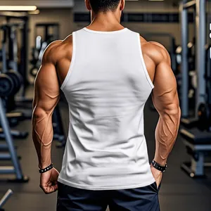 Back view of muscular man in white athletic gym tank top showing racerback design