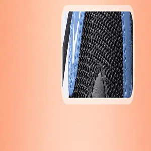 Macro view of breathable black mesh and blue leather stitching on kids' sports shoes
