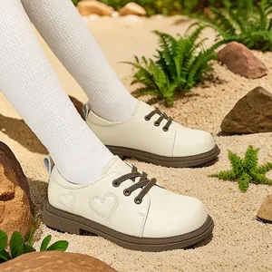 Mädchen Echtes Leder Freizeitschuhe Herzmuster Runder Zeh Schnürschuhe Rutschfeste Leichte Schulschuhe Plateau Oxford Schuhe