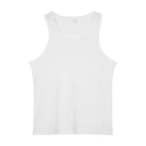 Front view of white mens quick-dry gym tank top with tag detail shown clearly