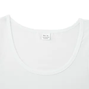 Close-up of white sports tank top neckline showing XL size tag and fabric details