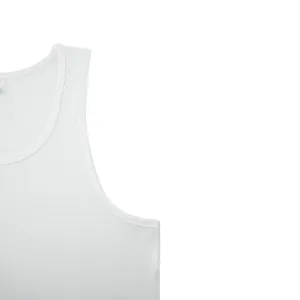 Close-up of neckline and stitching detail on white athletic fitness tank top