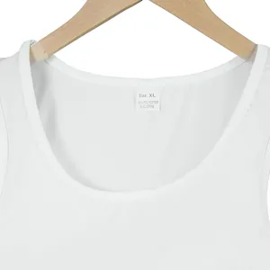 Detailed macro view of white sports tank top neckline and fabric composition label