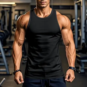 Men's athletic quick-dry elastic fitness tank top in solid black for gym muscle training