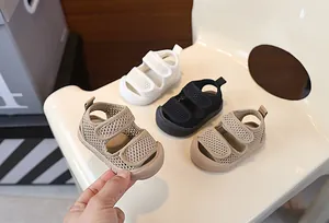 Breathable mesh baby walking sandals with soft rubber soles shown in multiple colors.