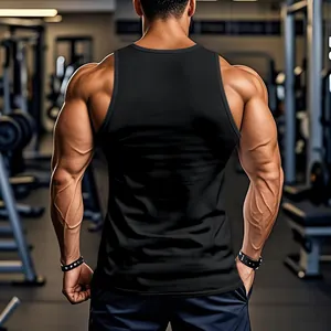 Rear view of black men's muscle fit gym tank top in professional fitness center