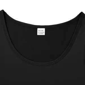 Close-up of size XL label on black men's fitness tank top showing fabric composition.