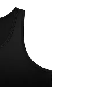 Close-up detail of the racerback neckline and stitching on a black men's athletic gym tank top