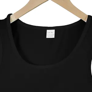 Close-up of neckline and size XL tag on black men's quick-dry gym tank top