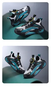Close-up of children's breathable mesh sneakers with convenient rotary buckle design.