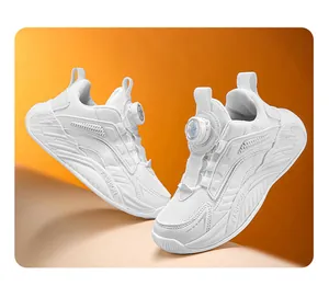 Detailed view of white children's mesh sneakers with convenient knob lacing system