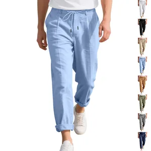 Detailed view of men's loose linen-look straight leg pants with multiple color options